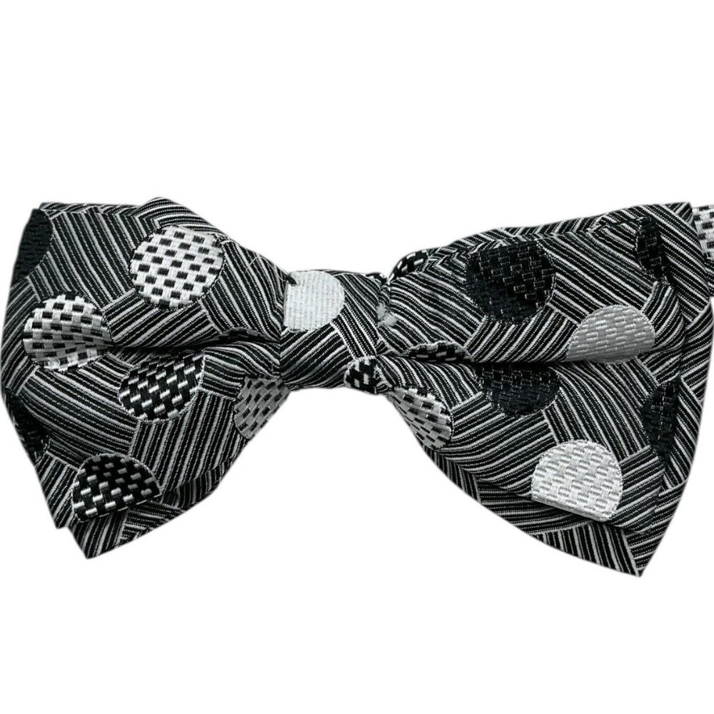 THE BIG KNOT Men's 100% Silk LUXURY Bow Tie Black White Geometric  W:3.1" EUC